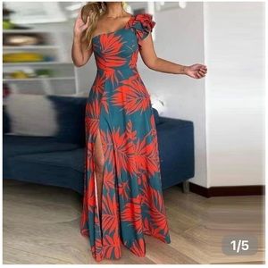 Maui Orange Palmetto Blue Asymmetrical Ruffle Maxi Dress